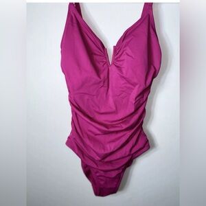 Time and Tru Bright Fuchsia V-Notch One-Piece Swimsuit
